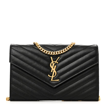 Saint Laurent Grain De Poudre Matelasse Chevron Monogram Chain Wallet Black 1 of 11