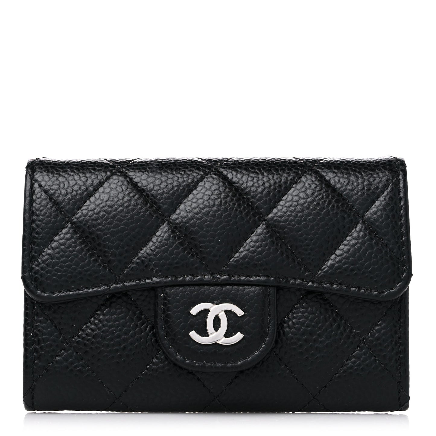 Caviar Quilted Flap Card Holder Wallet Black