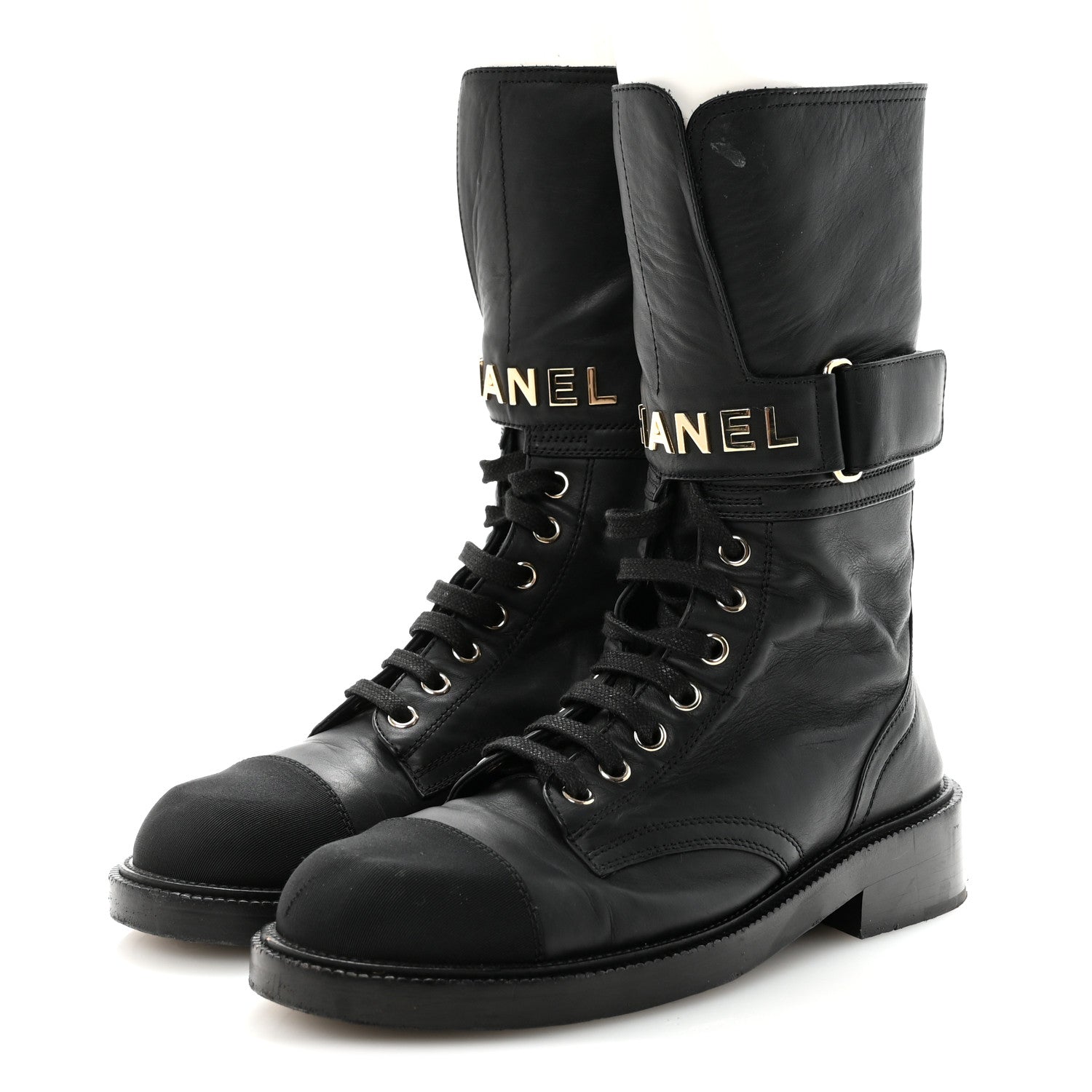 Chanel Shiny Calfskin Lace Up Combat Boots 37 Black 7 of 16