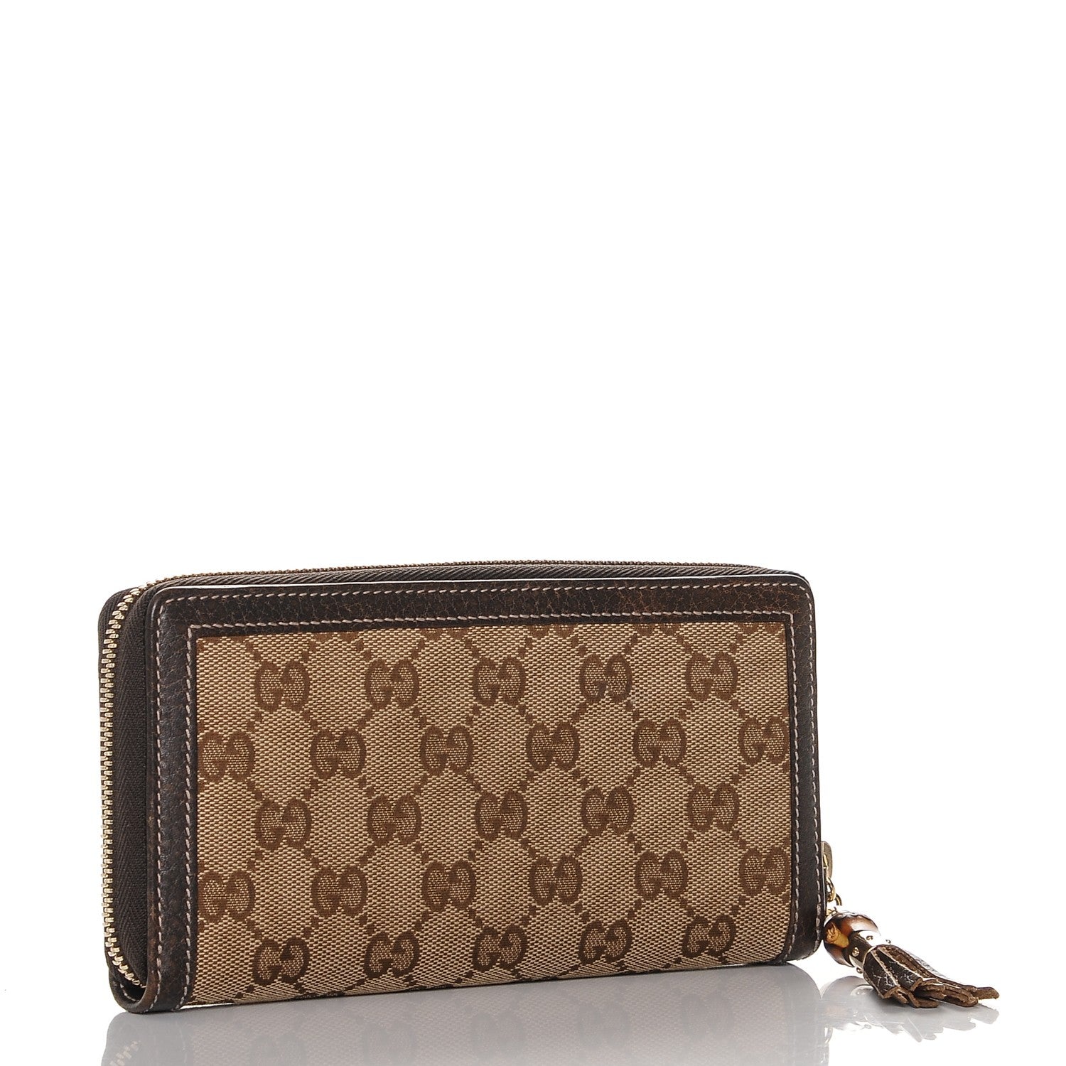Gucci Monogram Calfskin Bamboo Tassel Zip Around Wallet Beige Ebony Chocolate 3 of 6