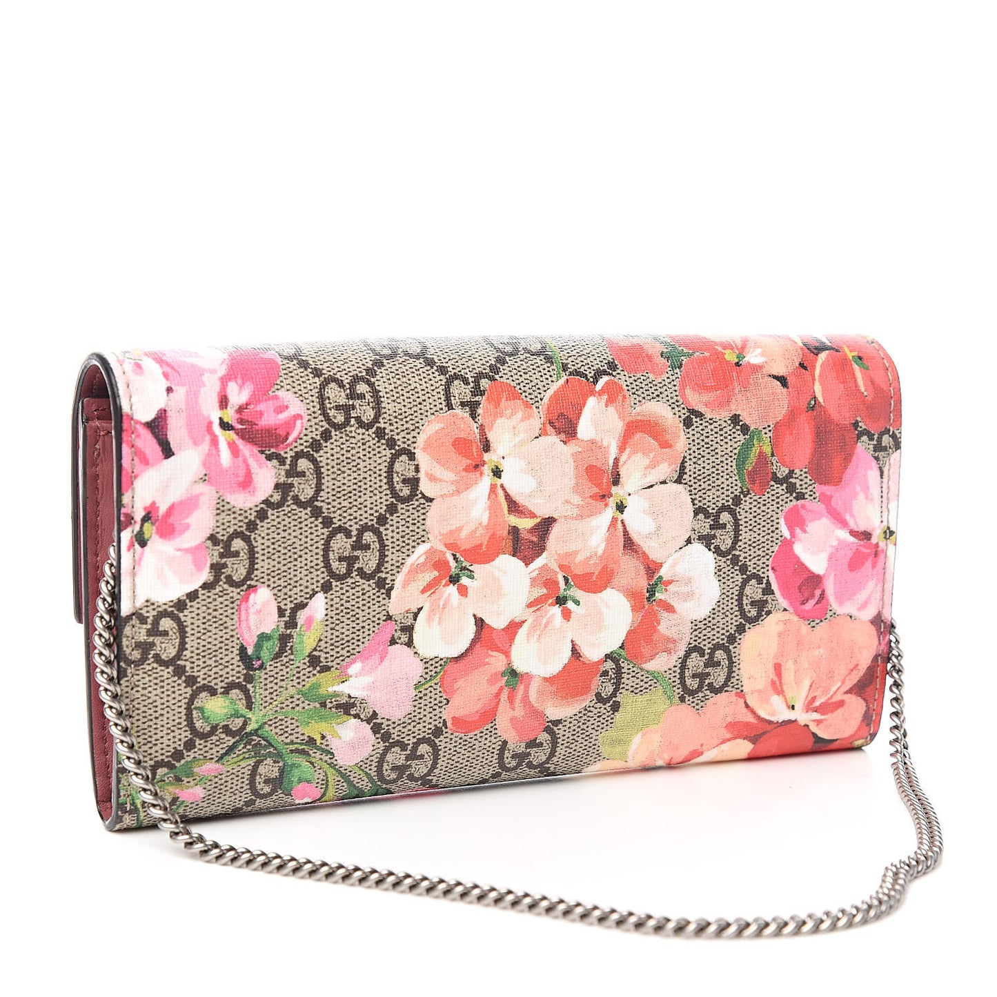 GG Supreme Monogram Blooms Padlock Continental Chain Wallet Beige Multicolor Dry Rose