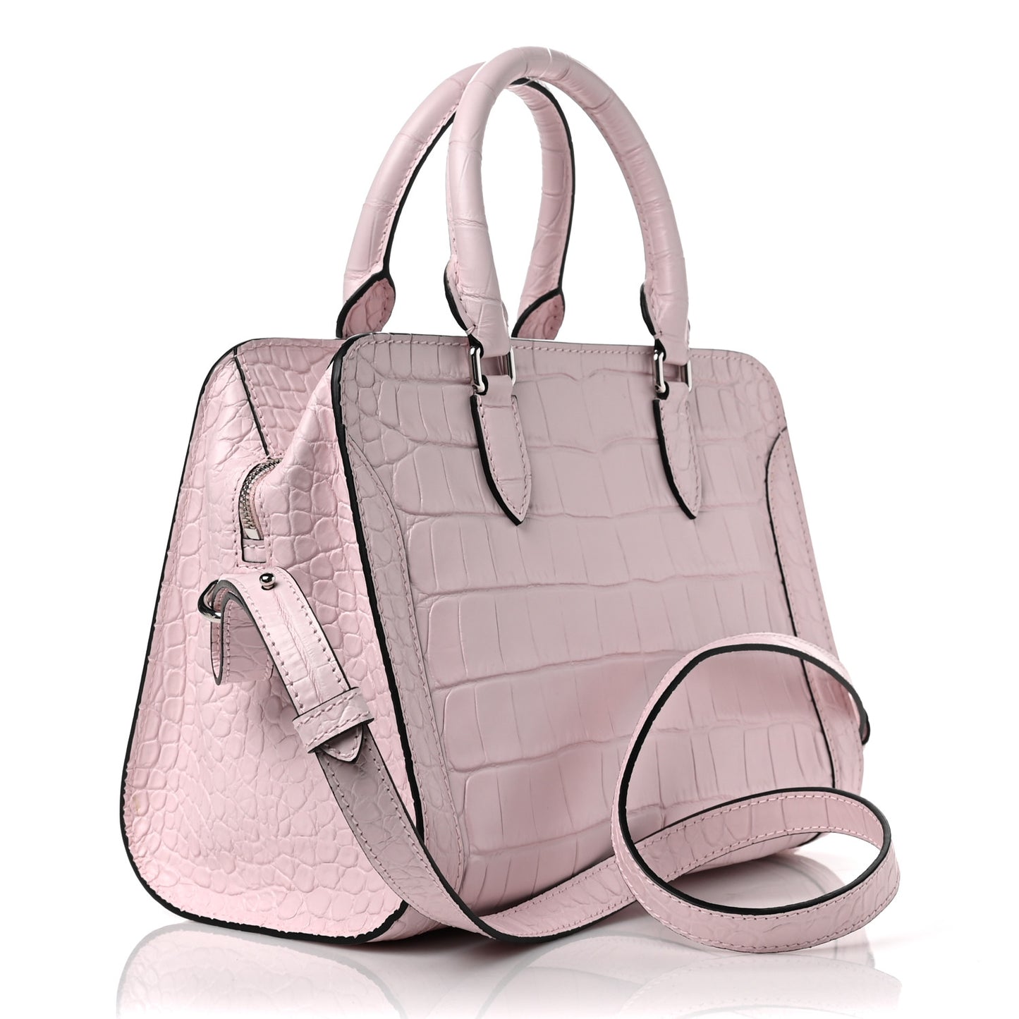Calfskin Crocodile Embossed Small Skull Padlock Zip Around Tote Pink