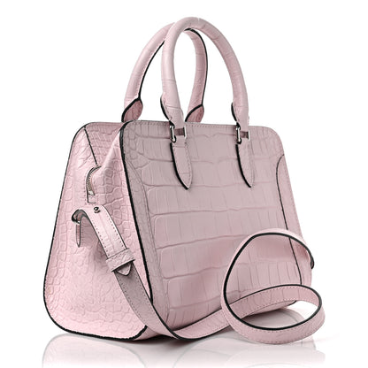 Alexander McQueen Calfskin Crocodile Embossed Small Skull Padlock Zip Around Tote Pink 2 of 7