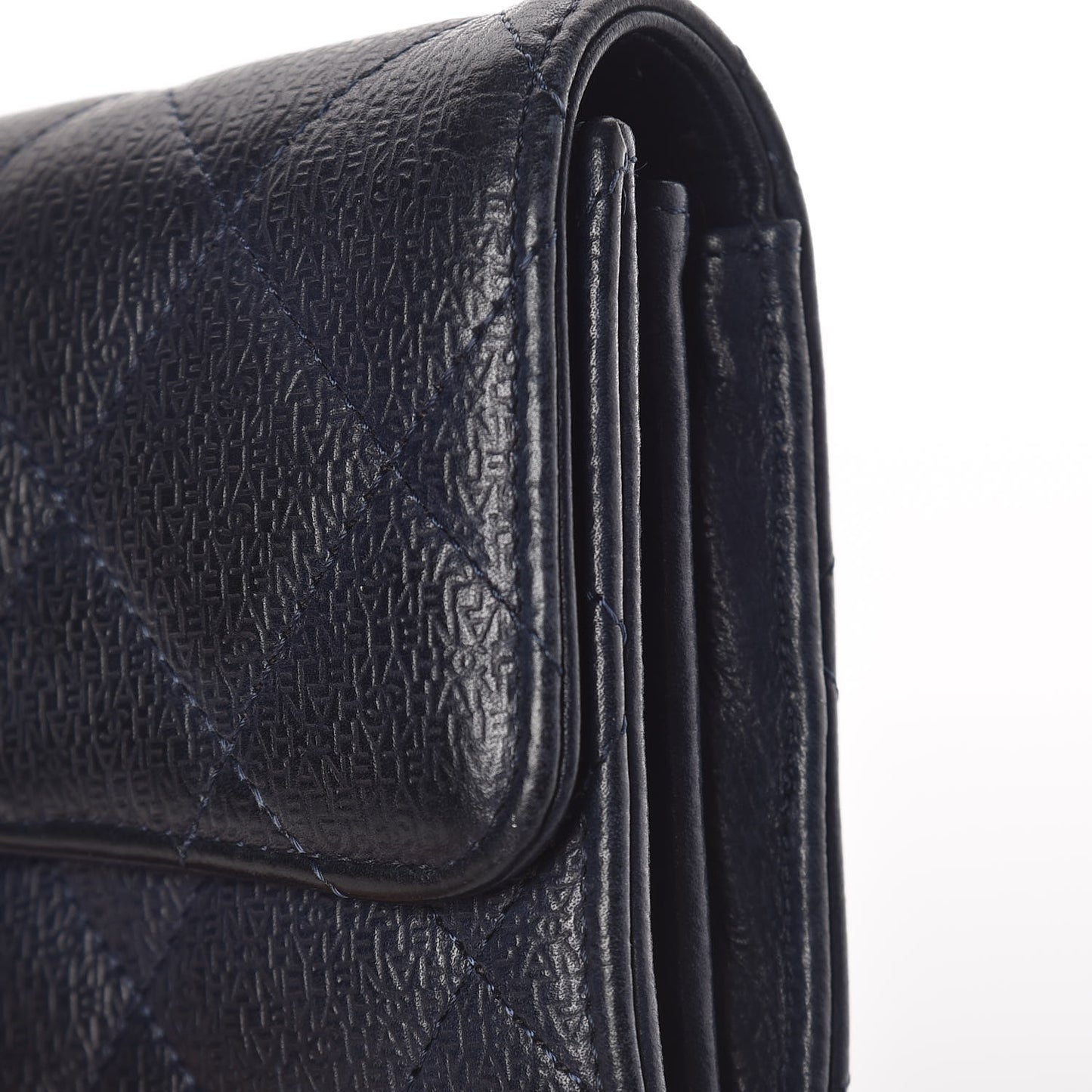 Letter Calfskin Embossed Quilted Large Gusset Flap Wallet Navy