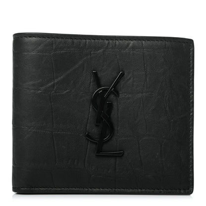 Saint Laurent Calfskin Crocodile Embossed Monogram Bifold Wallet Black 1 of 7