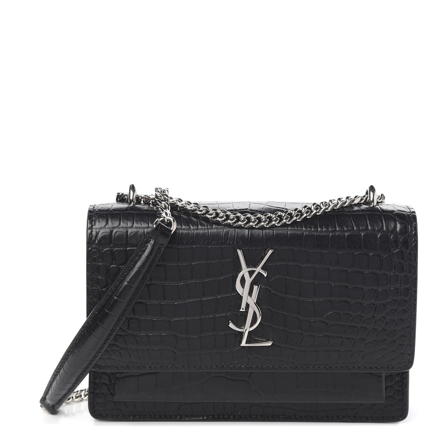 Saint Laurent Calfskin Crocodile Embossed Monogram Sunset Chain Wallet Black 1 of 8
