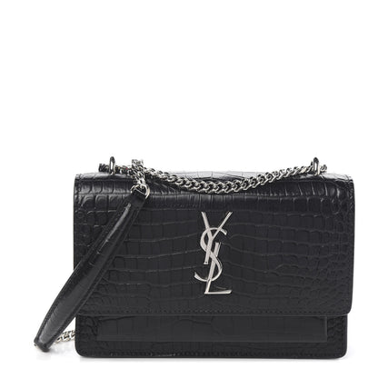 Saint Laurent Calfskin Crocodile Embossed Monogram Sunset Chain Wallet Black 1 of 8