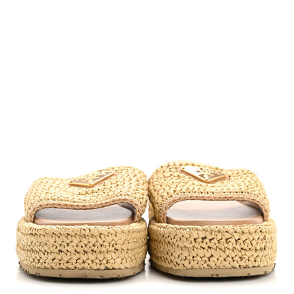 Prada Raffia Metal Triangle Logo Woven Flatform 35mm Slide Sandals 39 Naturale 4 of 17