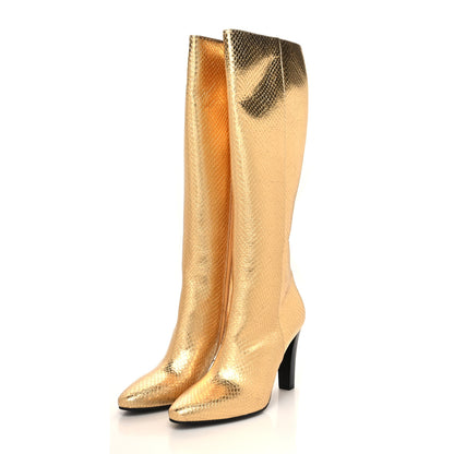 Saint Laurent Metallic Calfskin Python Embossed Knee Boot 40 Gold 3 of 9