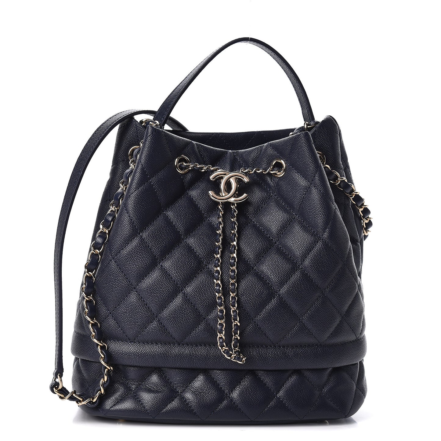 Caviar Quilted Rolled Up Bucket Drawstring Bag Navy