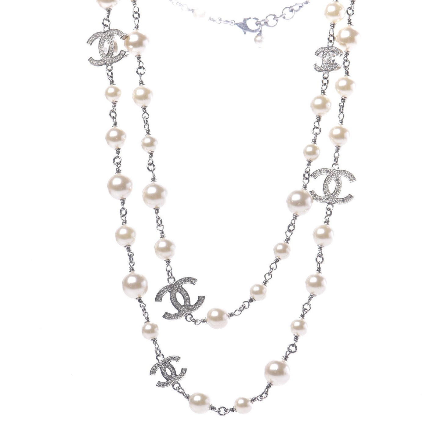 Crystal Pearl CC Long Necklace Silver