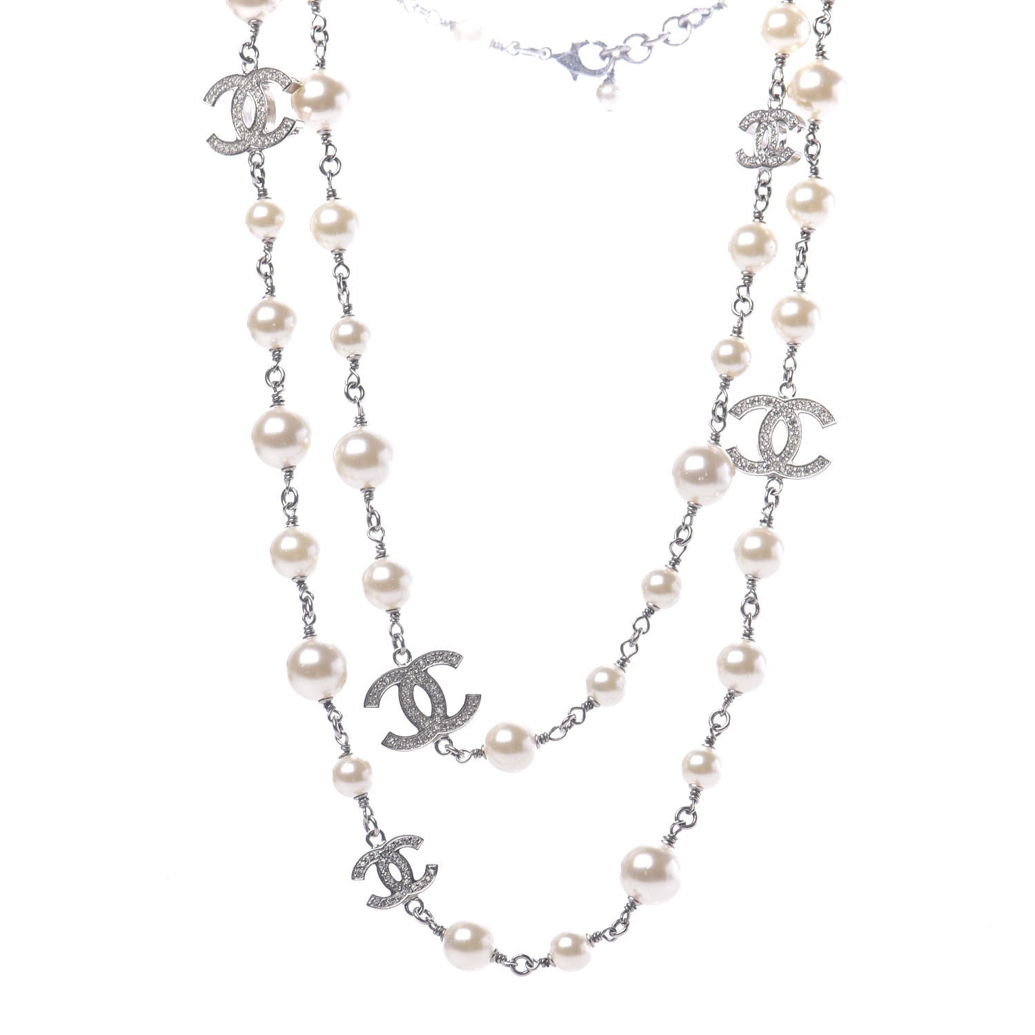 Chanel Crystal Pearl CC Long Necklace Silver 1 of 5