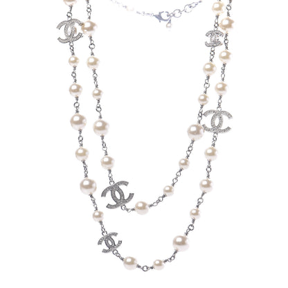 Chanel Crystal Pearl CC Long Necklace Silver 1 of 5