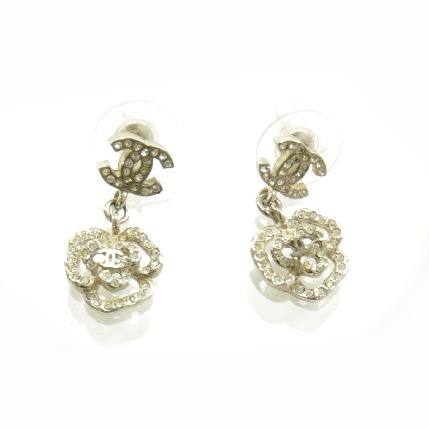 Crystal CC Camellia Drop Earrings Silver