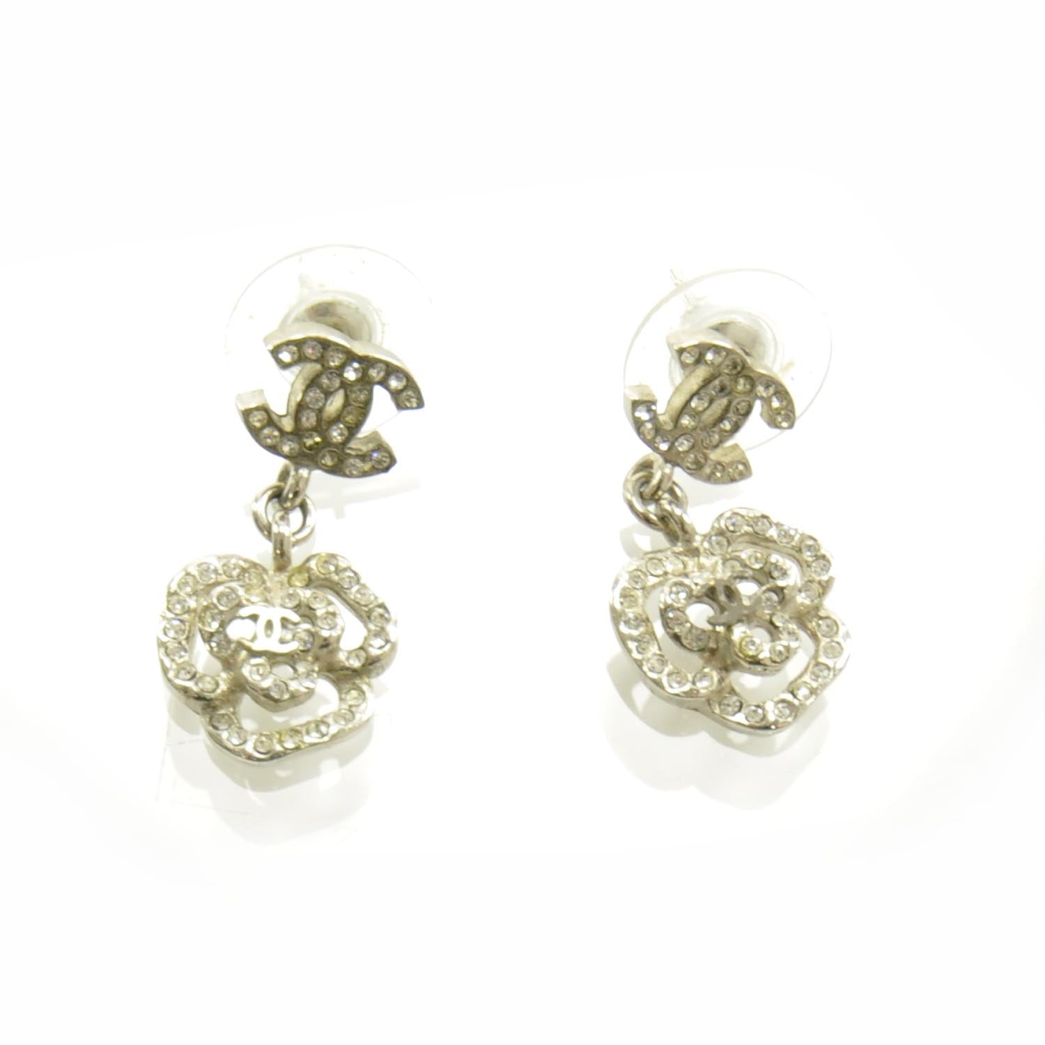 Chanel Crystal CC Camellia Drop Earrings Silver 1 of 5