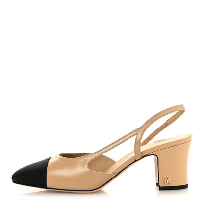 Chanel Goatskin Grosgrain Cap Toe CC Slingback Pumps 40 Beige Black 1 of 11