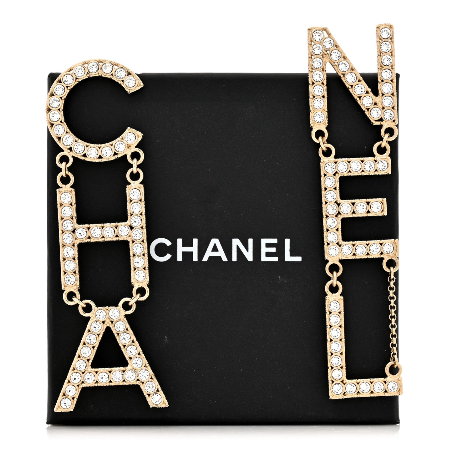 Crystal Cha-Nel Logo Drop Earrings Gold