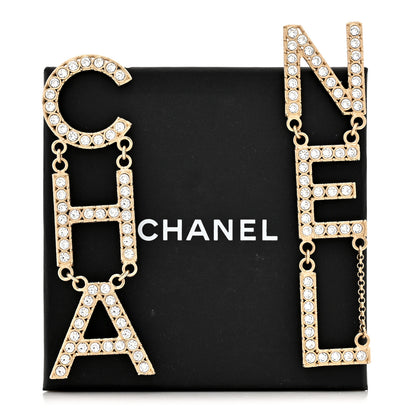 Chanel Crystal Cha-Nel Logo Drop Earrings Gold 5 of 5