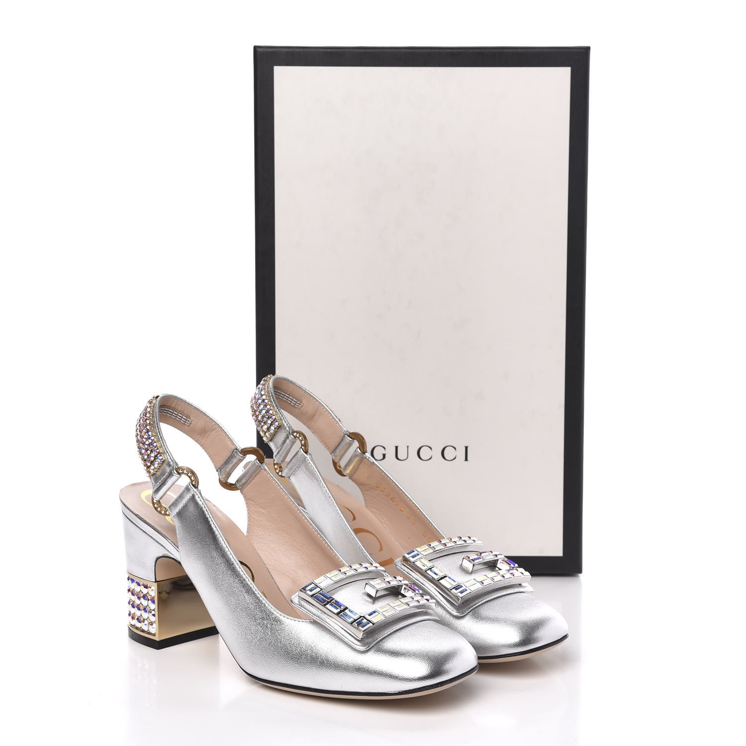 Gucci Metallic Nappa Crystal Square G Madelyn Slingbacks 36 Silver 9 of 9