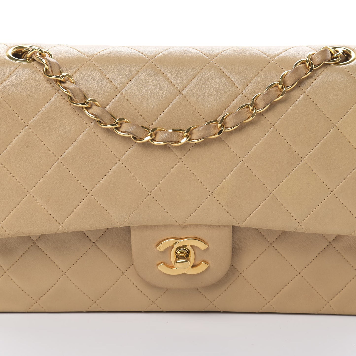 Lambskin Quilted Medium Double Flap Beige