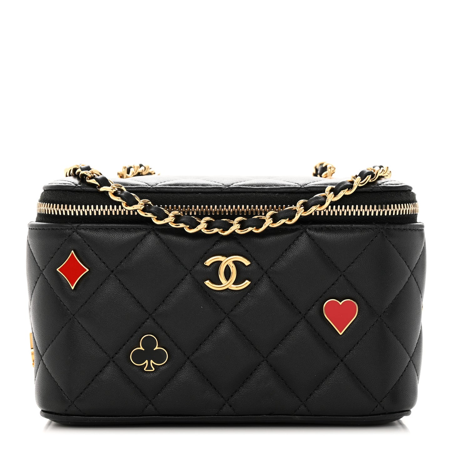 Lambskin Quilted Enamel Coco Casino Small Vanity Case With Chain Black