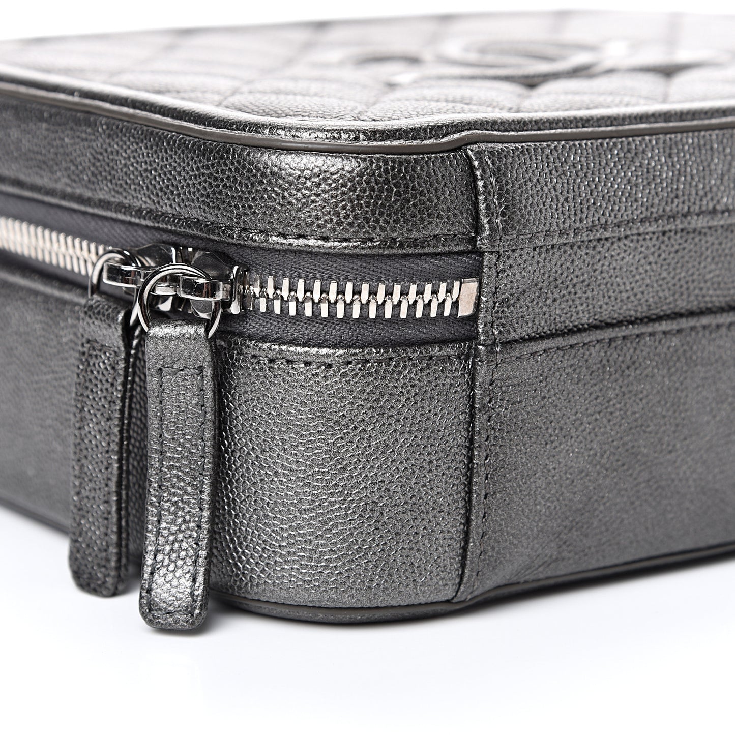 Metallic Caviar Quilted Medium CC Filigree Vanity Case Dark Silver