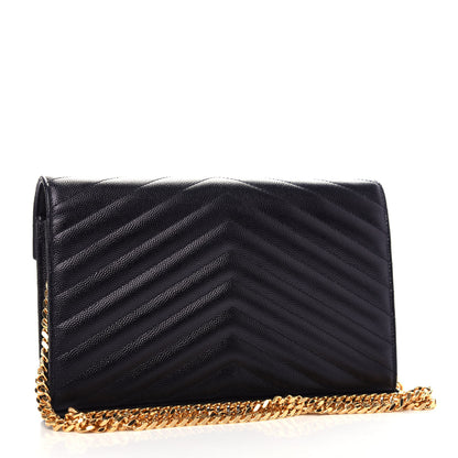 Saint Laurent Grain De Poudre Matelasse Chevron Monogram Chain Wallet Black 3 of 10