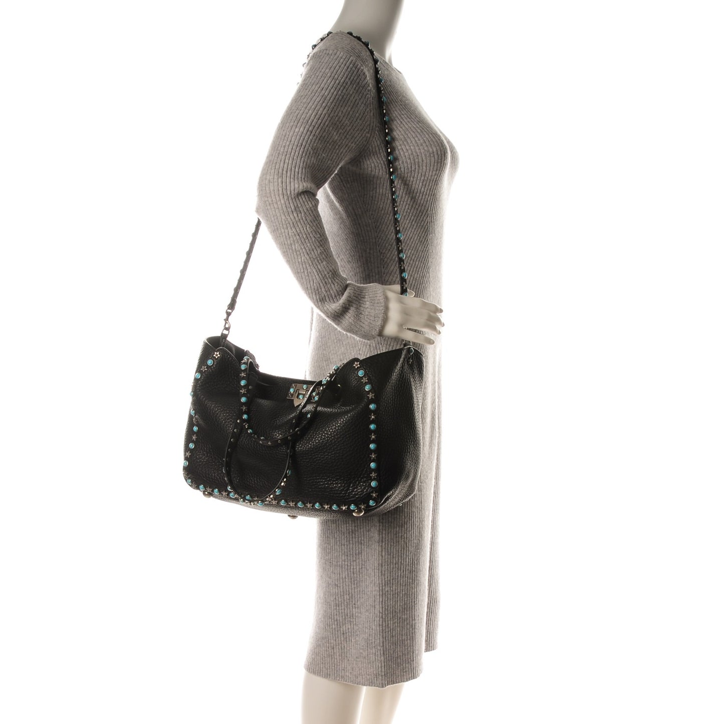 Grained Calfskin Turquoise Star Studded Medium Rockstud Rolling Tote Black