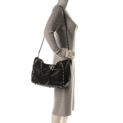 Valentino Garavani Grained Calfskin Turquoise Star Studded Medium Rockstud Rolling Tote Black 2 of 8