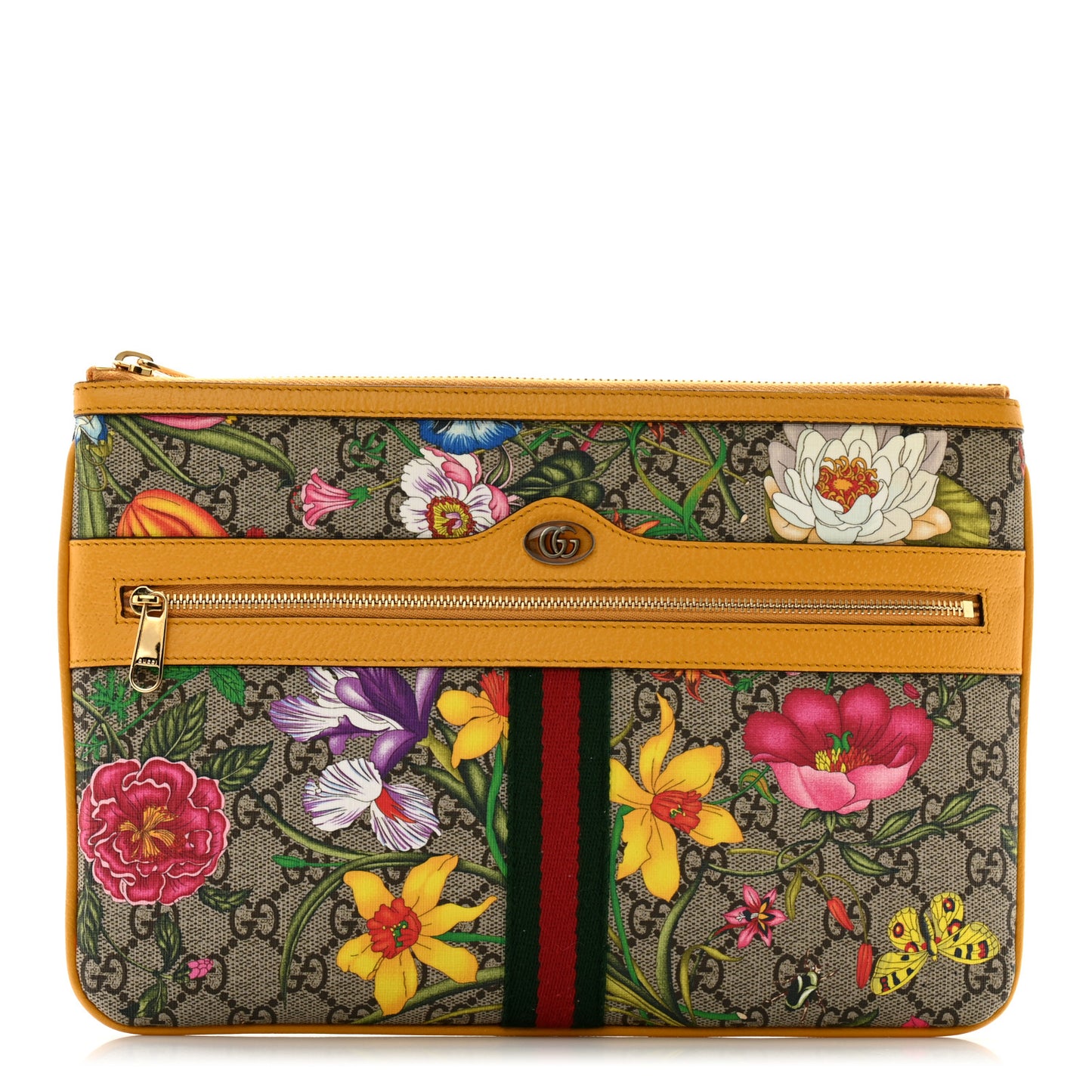 GG Supreme Monogram Flora Large Ophidia Pouch Clutch Beige Multicolor Crop