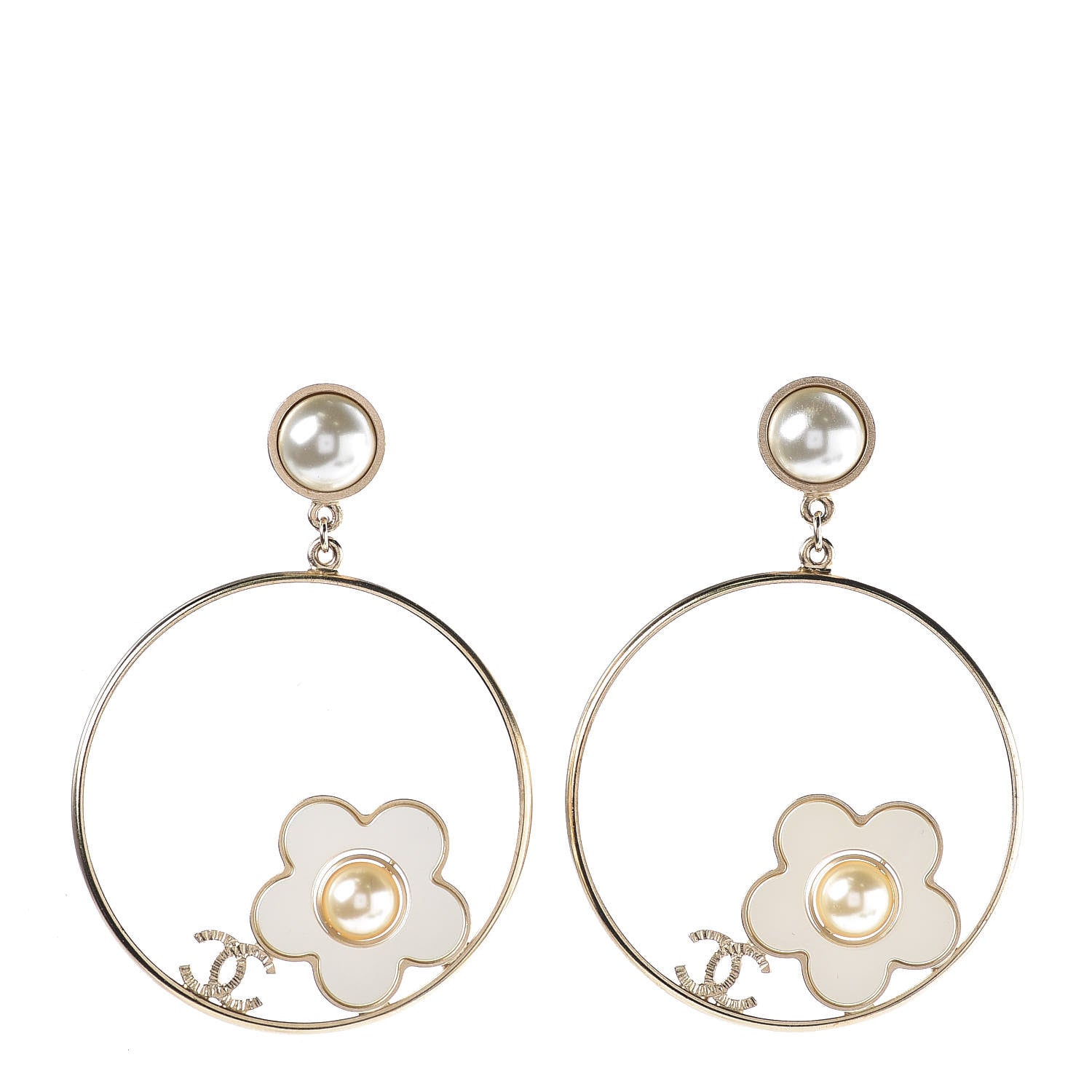Chanel Pearl CC Camellia Hoop Earrings Gold 1 of 4