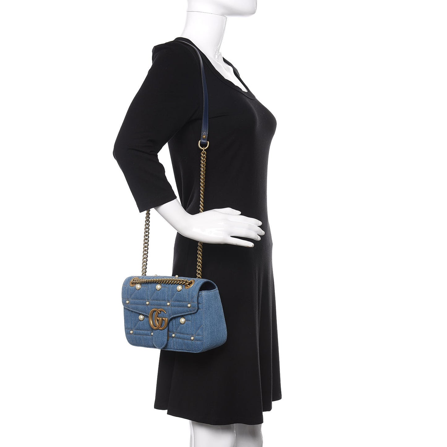 Denim Matelasse Pearl Studded Small GG Marmont Shoulder Bag Blue