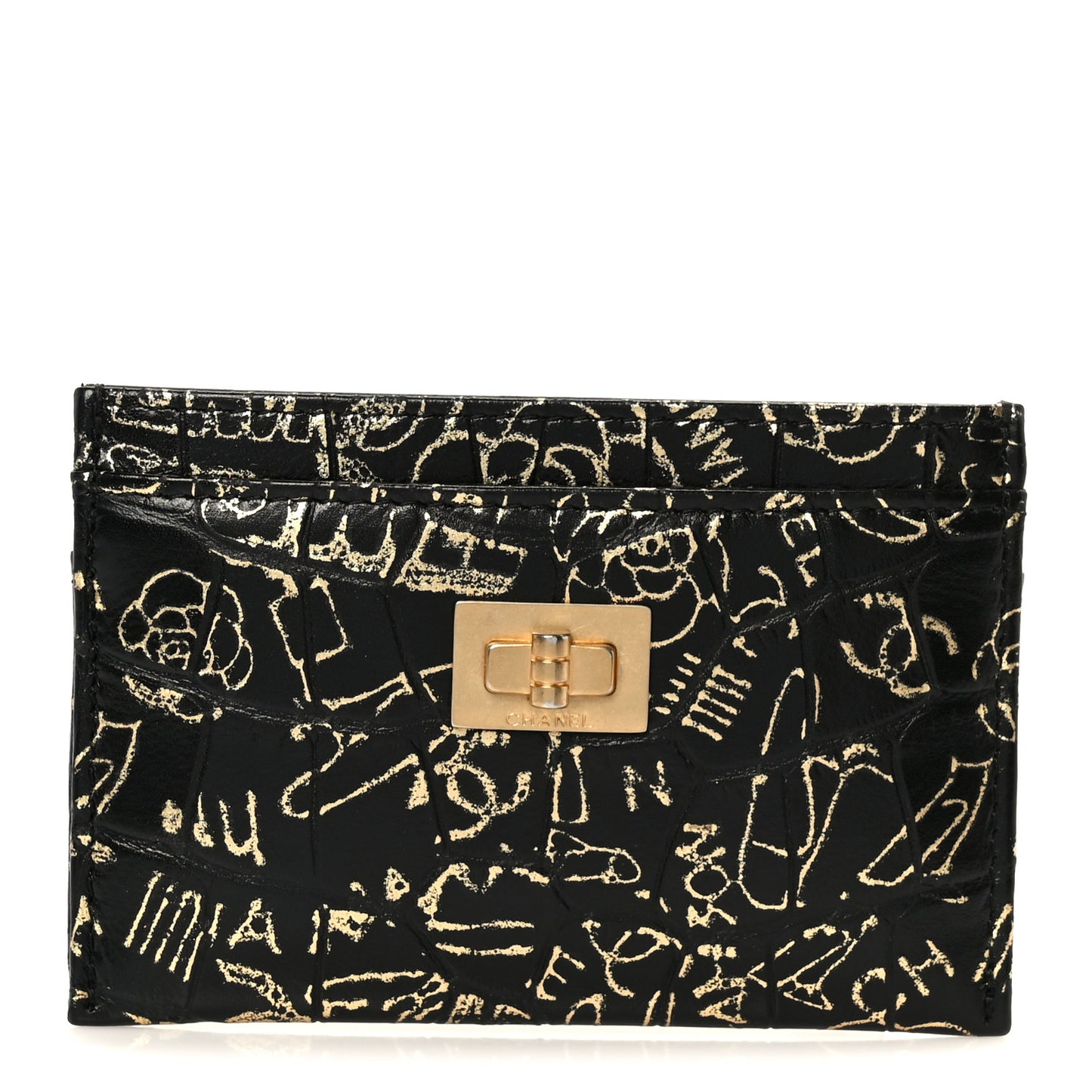 Calfskin Crocodile Embossed Graffiti 2.55 Cocodile Reissue Card Holder Black Gold