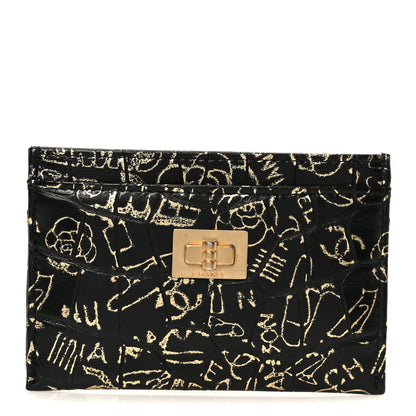 Chanel Calfskin Crocodile Embossed Graffiti 2.55 Cocodile Reissue Card Holder Black Gold 1 of 10