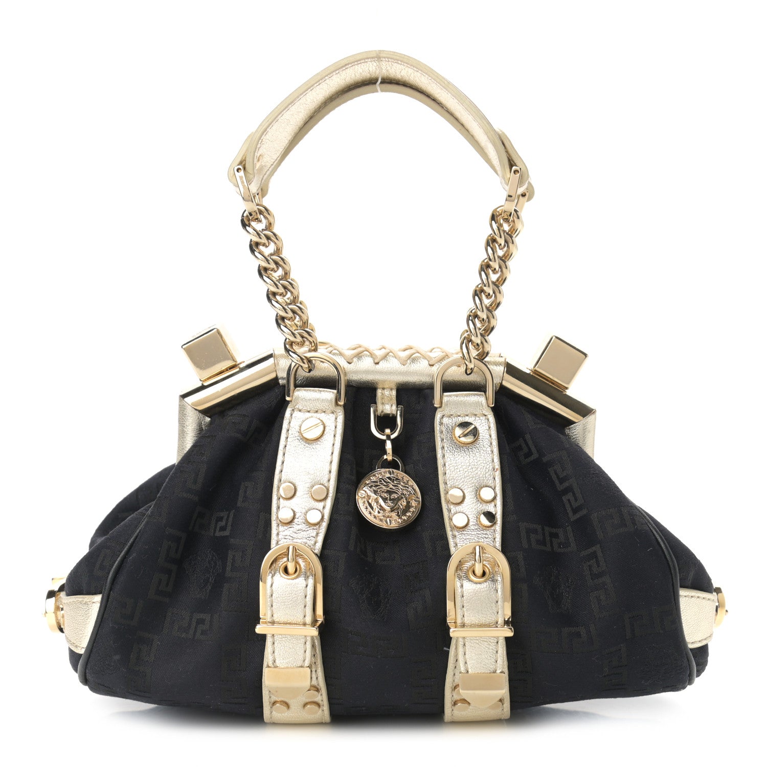 Versace Calfskin Nylon Madonna Satchel Black Gold 1 of 9