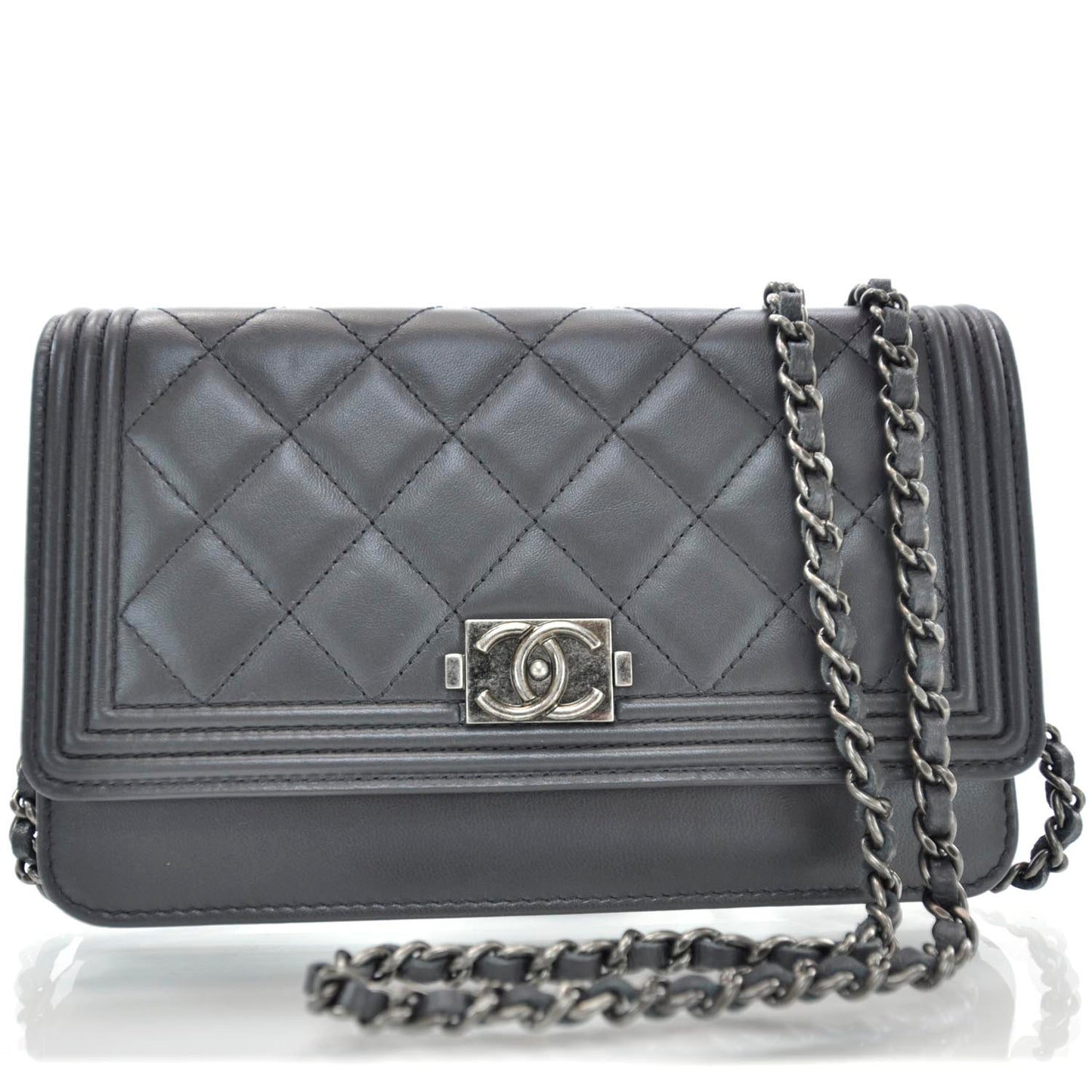 Lambskin Quilted Boy Wallet On Chain Grey