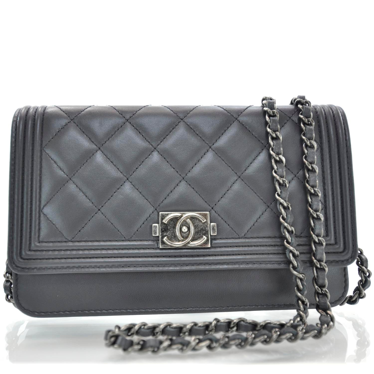 Chanel Lambskin Quilted Boy Wallet On Chain Grey 1 of 10
