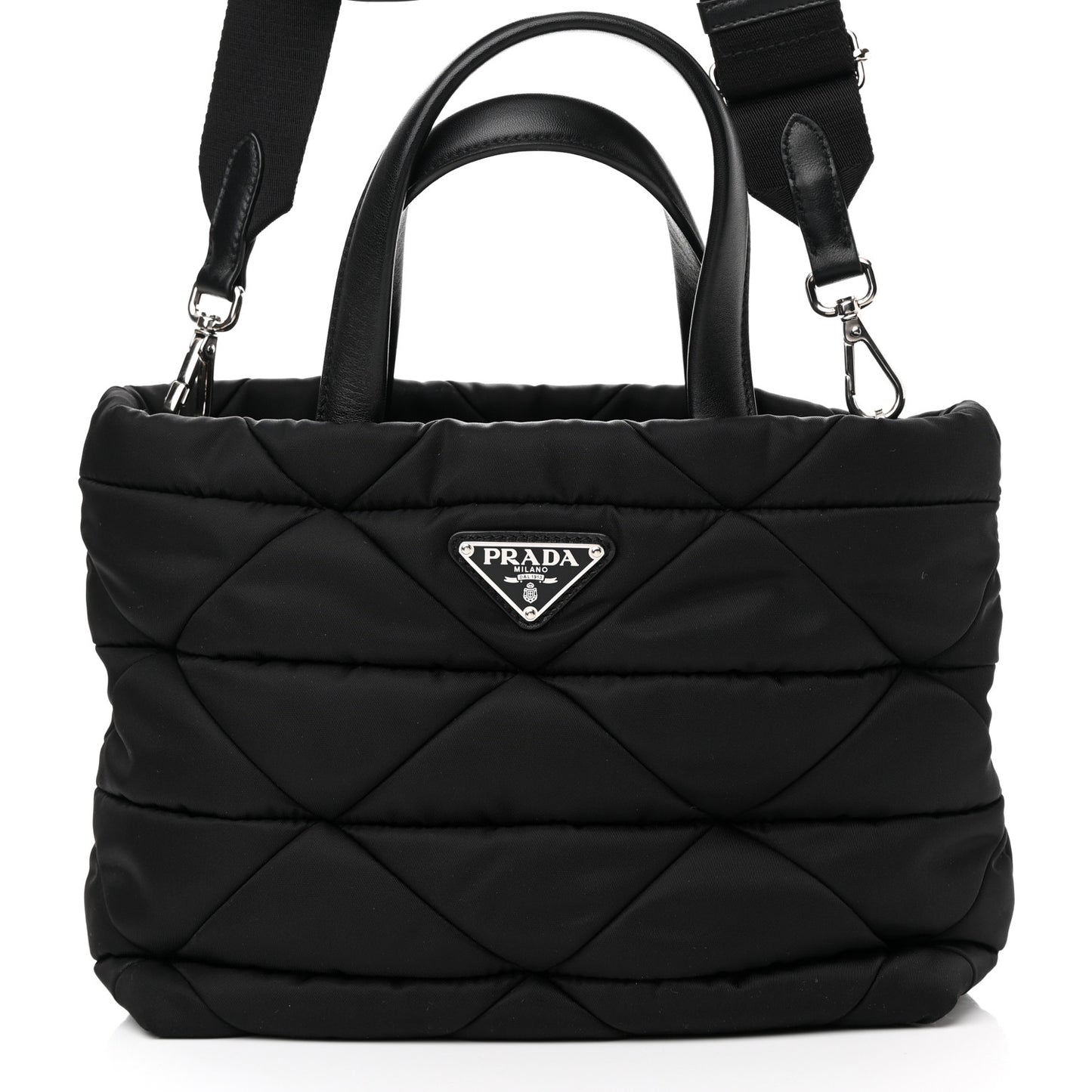 Re-Nylon Nappa Triangle Quilted Padded Double Handled Zip Pocket Tote Black