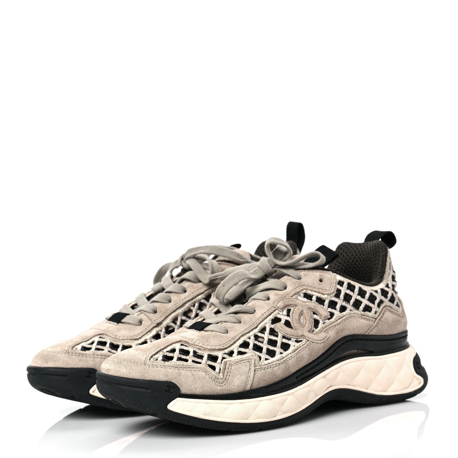 Chanel Suede Calfskin Embroidered CC Sneakers 38.5 Ecru Light Gray 3 of 8
