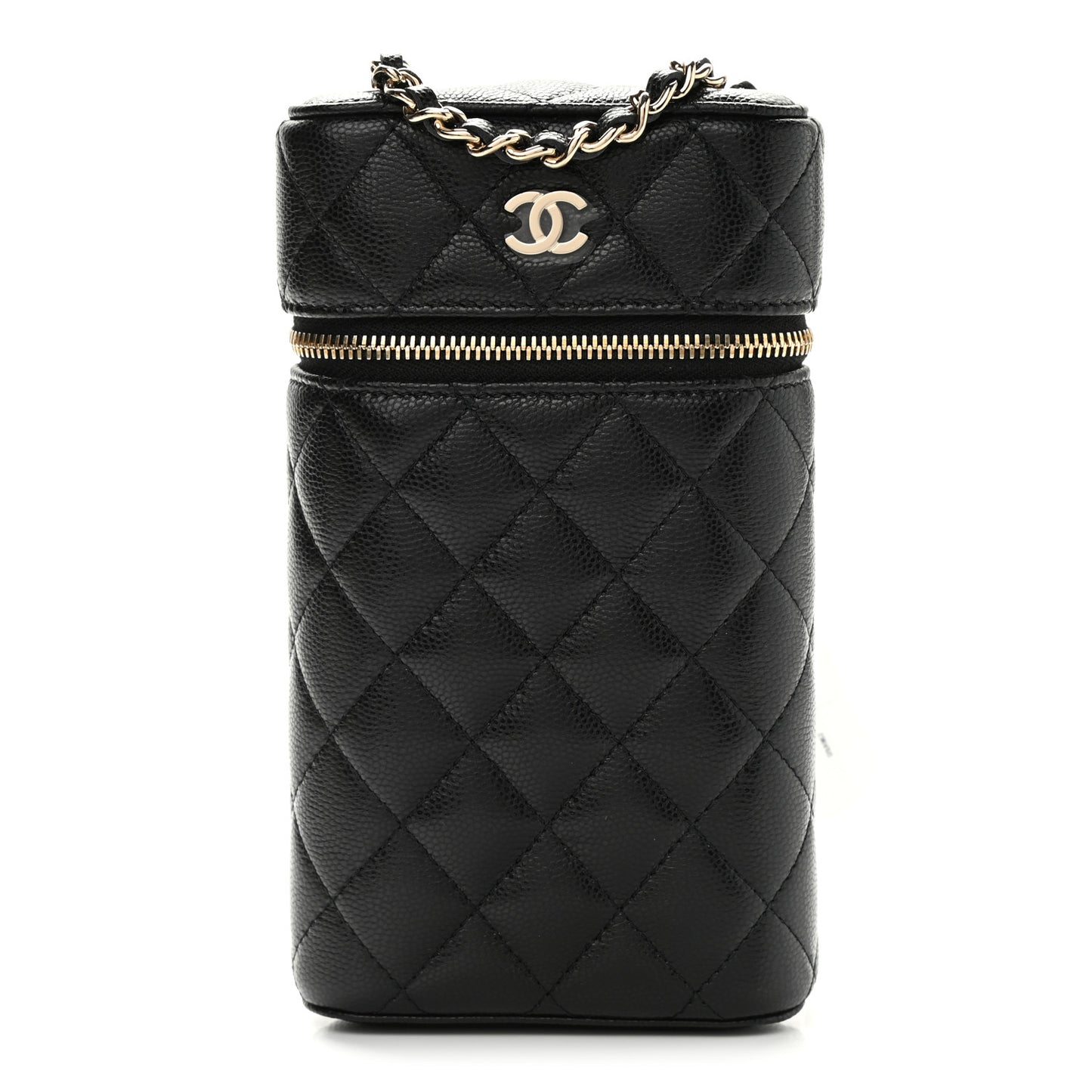 Caviar Quilted Phone Holder With Chain Black