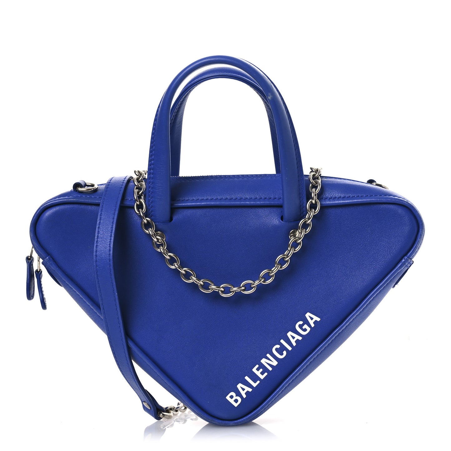Shiny Day Calfskin Logo XS Triangle Chain Duffle Bleu Roi White