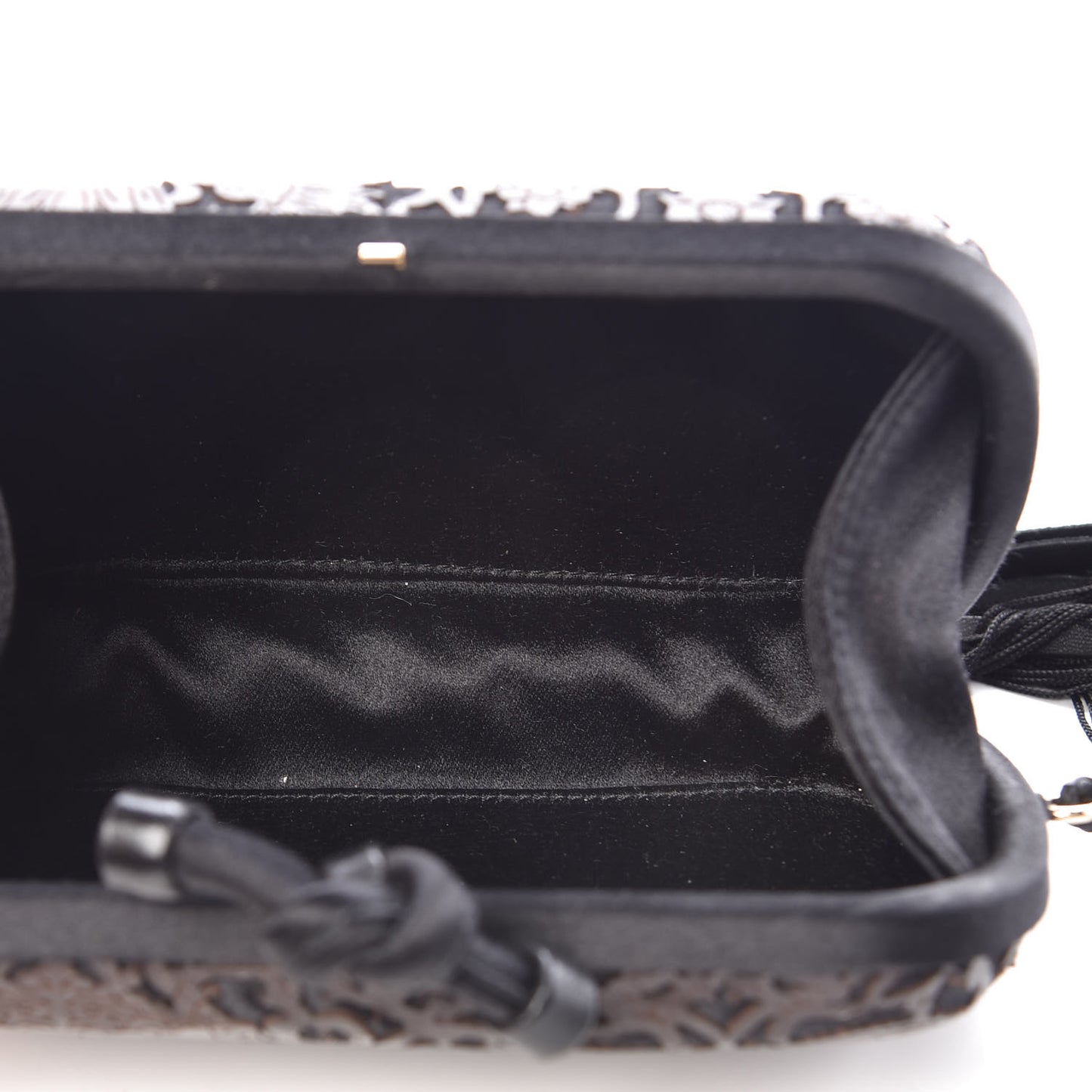 Satin Calfskin Floral Lace Tassel Knot Clutch Brown