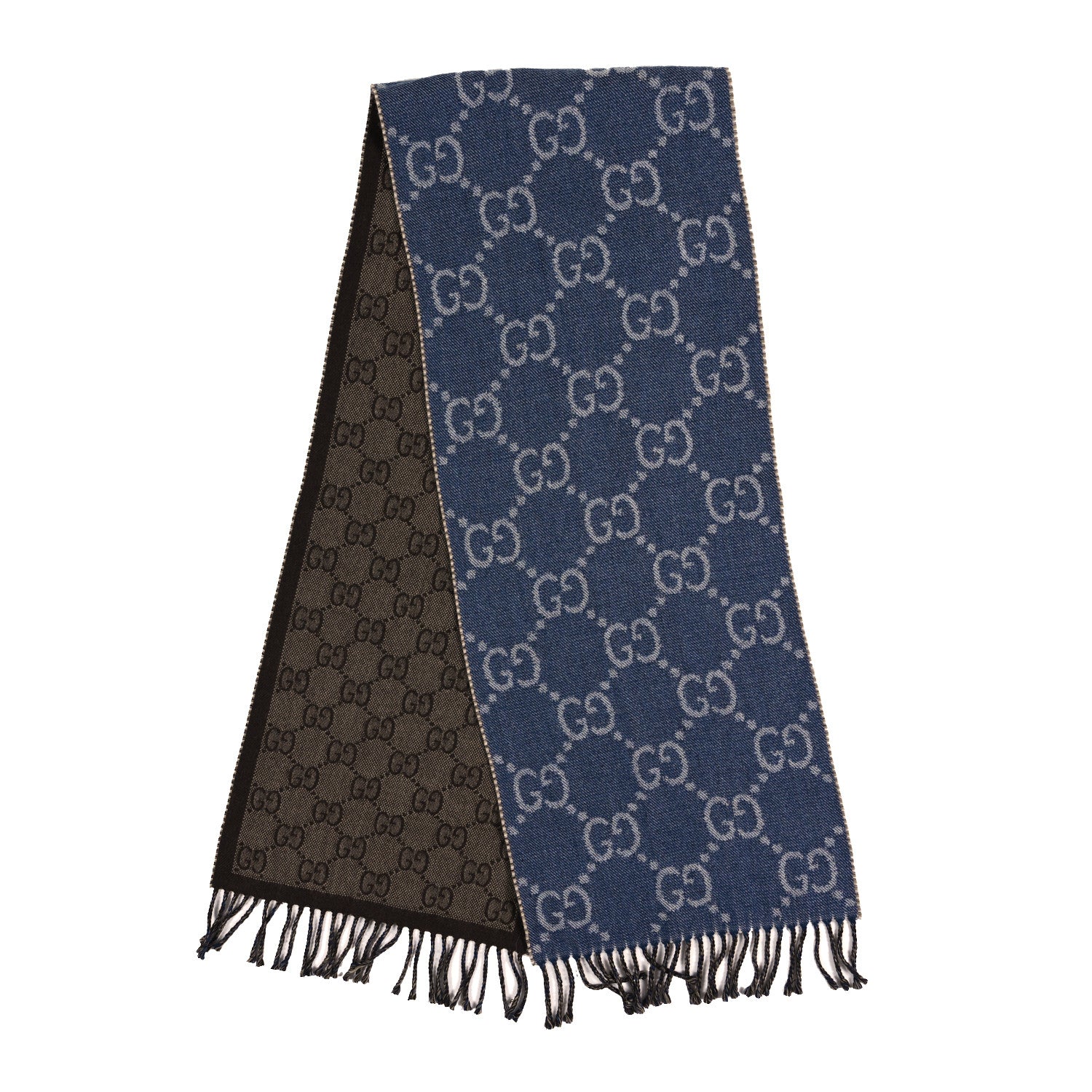 Gucci Wool Jacquard GG Monogram Scarf Navy Brown 2 of 3