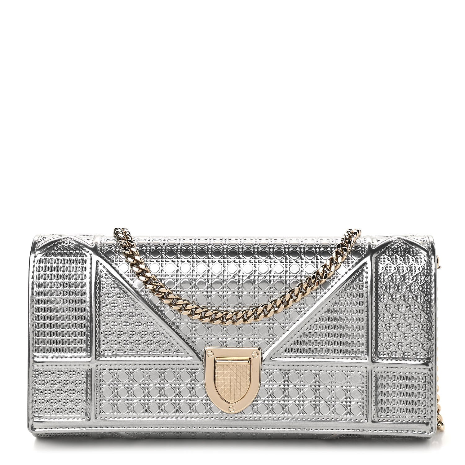 Christian Dior Metallic Patent Micro-Cannage Diorama Croisiere Chain Wallet Silver 1 of 12