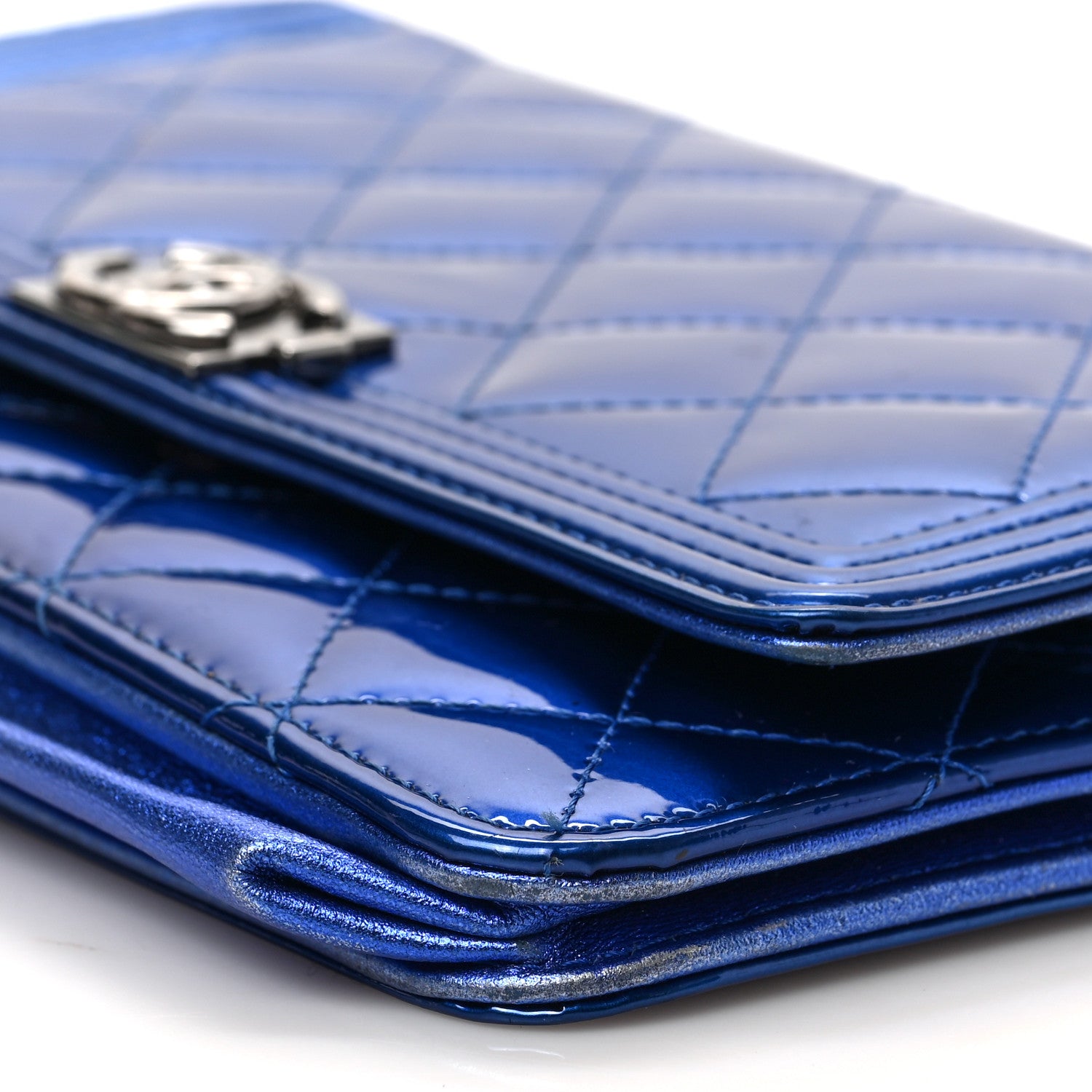 Chanel Metallic Patent Calfskin Quilted Boy Wallet on Chain WOC Blue 9 of 9