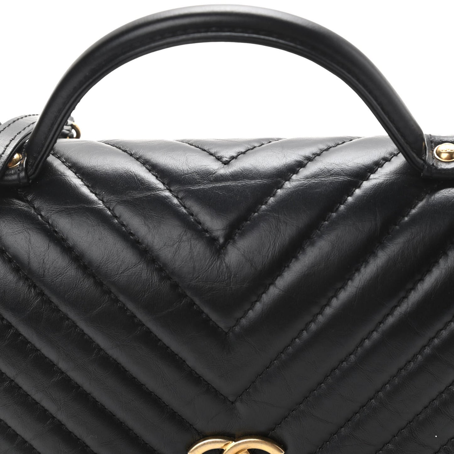 Calfskin Chevron Quilted Top Handle Flap Black