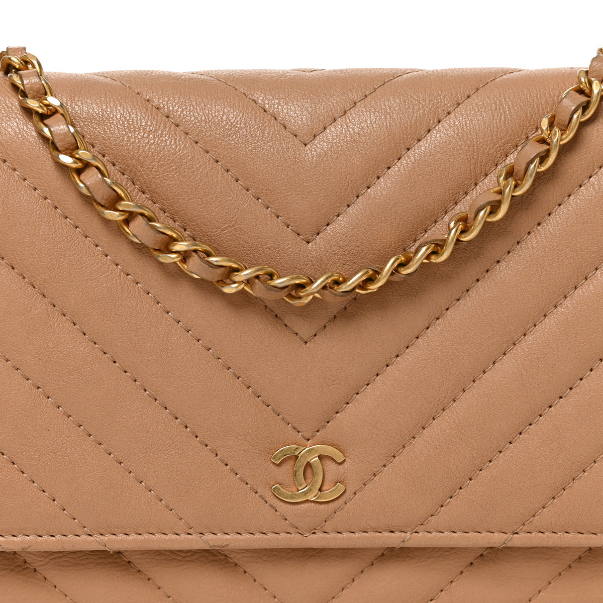 Chanel Calfskin Chevron Quilted Wallet On Chain WOC Beige 8 of 10