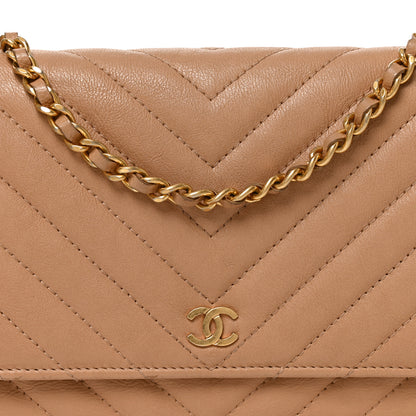 Chanel Calfskin Chevron Quilted Wallet On Chain WOC Beige 8 of 10