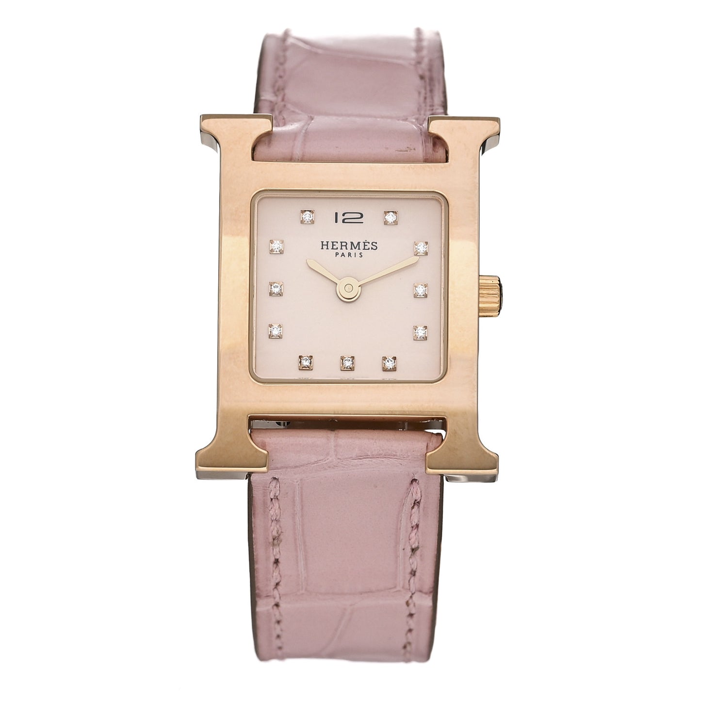 Stainless Steel Alligator Diamond Mother of Pearl 21mm Heure H Hour Quartz Watch Rose Pale