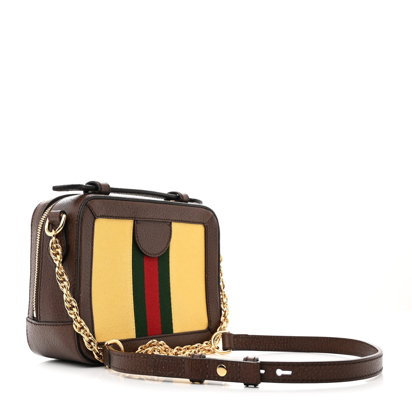 Canvas Textured Calfskin Web Mini Ophidia Top Handle Shoulder Bag Easy  Yellow Dark Brown